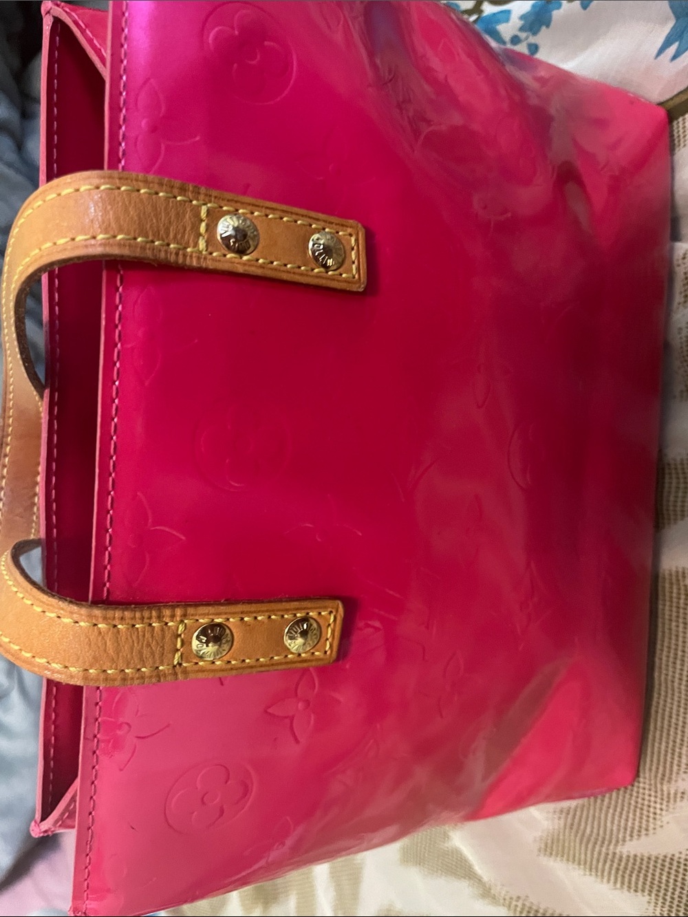 Pink Patent Tote Bag with Tan Handles